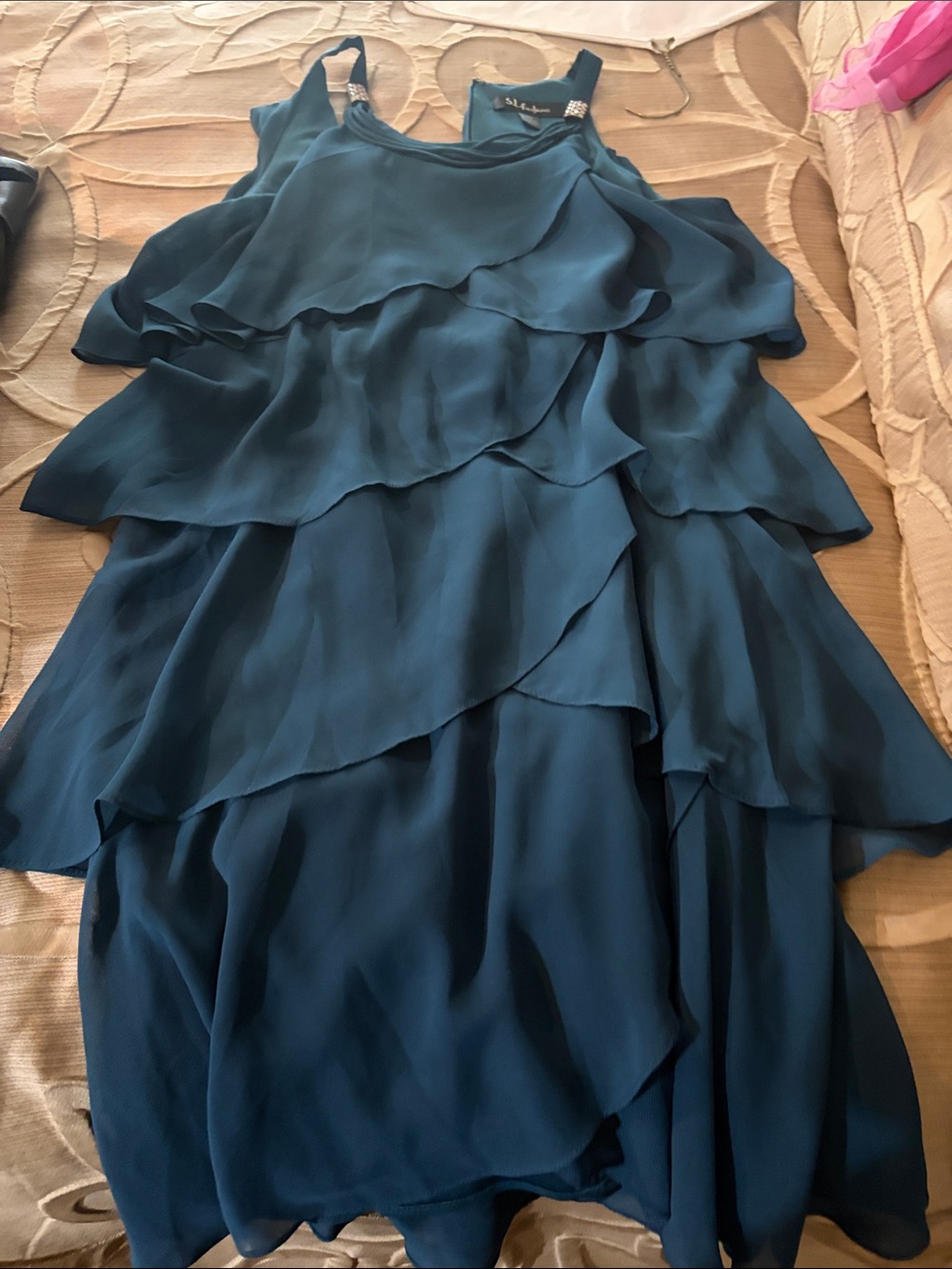 S.L. Fashions Teal Layered Chiffon Midi Dress